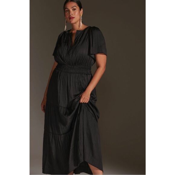 NEW Anthropologie Black Somerset Smocked Waist V-Neck Tiered Maxi Dress XX-Small - Picture 9 of 9